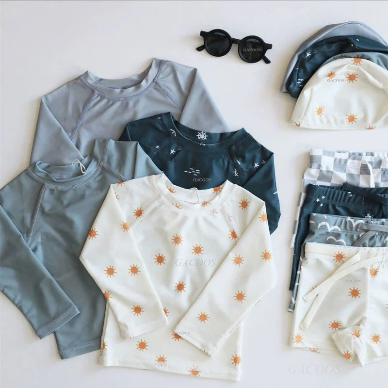 New Summer Kid Boy Swimming Wear 2pcs Blue Seagull Beige Sun Swimsuits+Trunks Hot Spring Sunscreen Holiday Swim Children Clothes