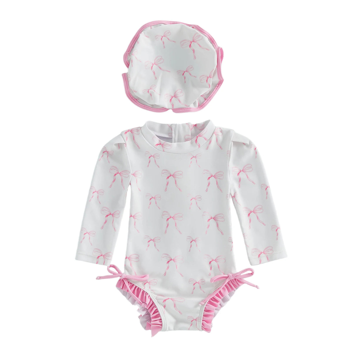 Toddler Kids Baby Girls Summer Rash Guard Swimsuits Long Sleeve Flower/Bow Print Ruffles Swimwear with Hats Bathing Suits