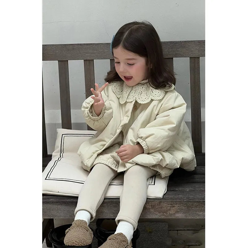 Girls Light Padded Coat 2026 New Fall Winter Korean Style Baby Quilted Beige Jacket Solid Color Elegant Autumn Style