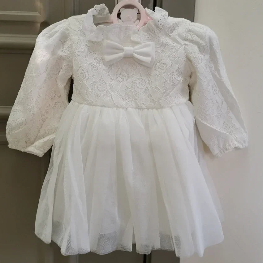 HAPPYPLUS Ivory Baby Girls Long Sleeve Christening Dress Classic Lace Embroidered Baby Baptism Dresses Tulle Blessing Gowns