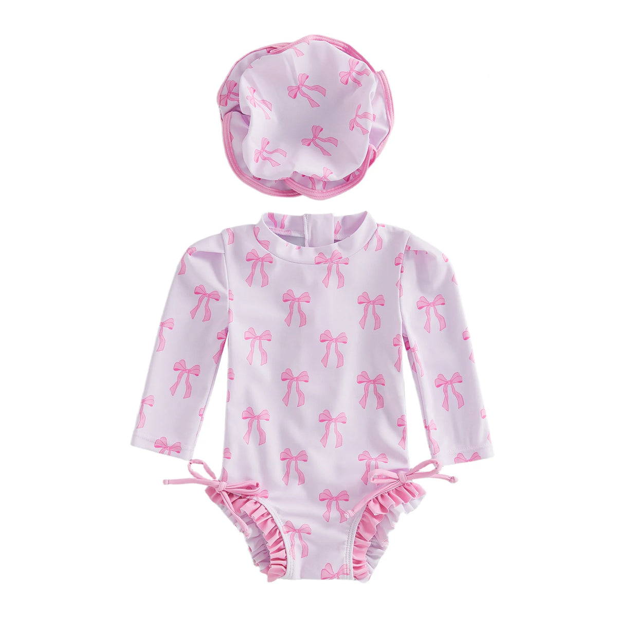 Toddler Kids Baby Girls Summer Rash Guard Swimsuits Long Sleeve Flower/Bow Print Ruffles Swimwear with Hats Bathing Suits