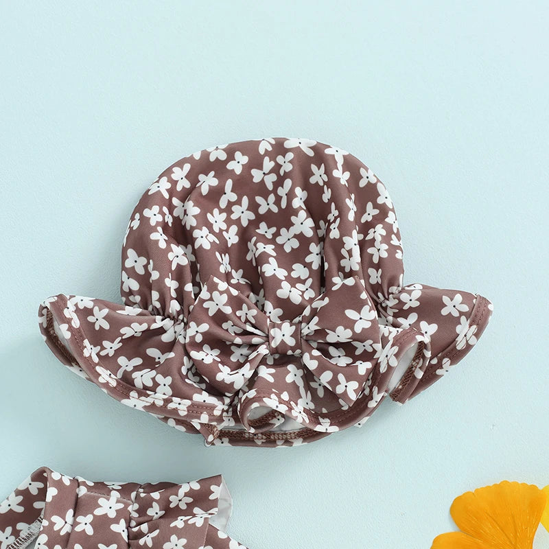 Fashion Newborn Baby Girls Swimwear Vintage Floral Print Zipper Long Sleeve Ruffles Bodysuits Swimsuits with Cap Bathing Suits