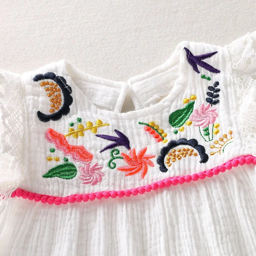 Kid Girls Cotton Linen Dresses Pleated Short Sleeve Delicate White Dress Summer Fashion Daily Dress For Toddler Girls 1-5 Years