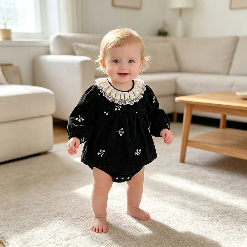 2026 Baby Girl Corduroy Romper 0-24M Long Sleeve Lace Ruffle Collar Floral Embroidery Bodysuit Autumn Infant Princess Romper