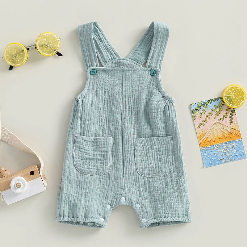 Baby Boys Girls Summer Rompers Clothes Toddler Cotton Linen Button Sleeveless Suspenders Rompers Jumpsuits Playsuits Overalls