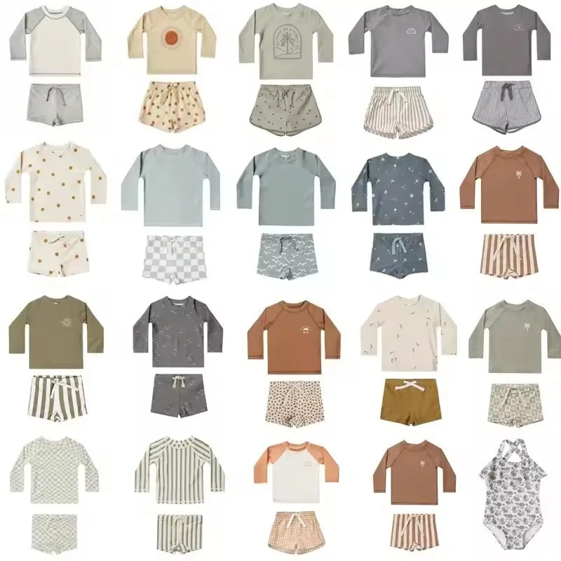New Summer Kid Boy Swimming Wear 2pcs Blue Seagull Beige Sun Swimsuits+Trunks Hot Spring Sunscreen Holiday Swim Children Clothes