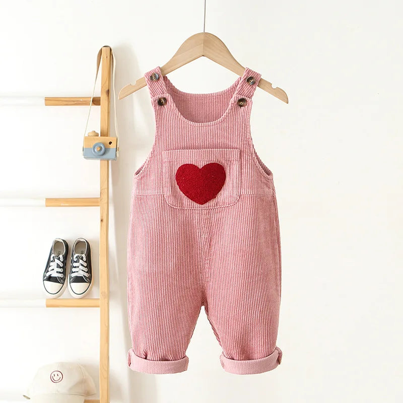 Kids Baby Autumn Clothes Spring  Heart Embroidery Baby Boys Girls Bib Pants Solid Overalls Corduroy Casual Suspender Outwear