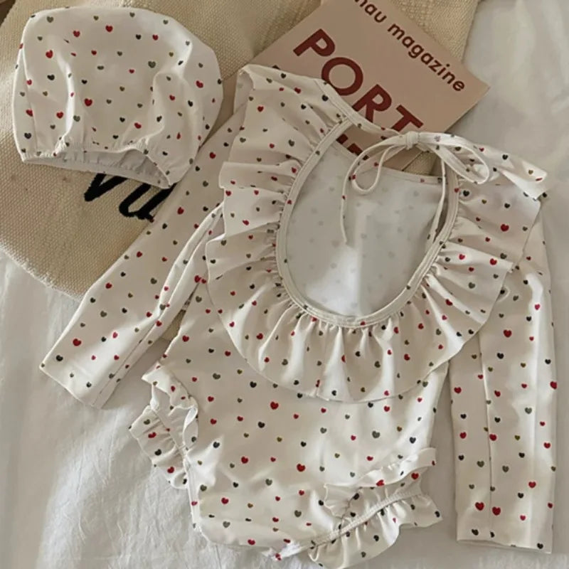 New Summer Girls Korean Style Long Sleeve Fashion Swimsuit Beige Polka Dot Ruffle Collar Backless Bathing Suit  for Beach B4321