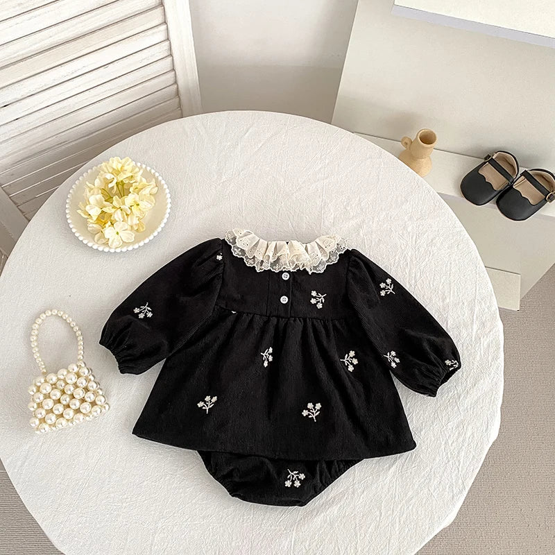 2026 Baby Girl Corduroy Romper 0-24M Long Sleeve Lace Ruffle Collar Floral Embroidery Bodysuit Autumn Infant Princess Romper