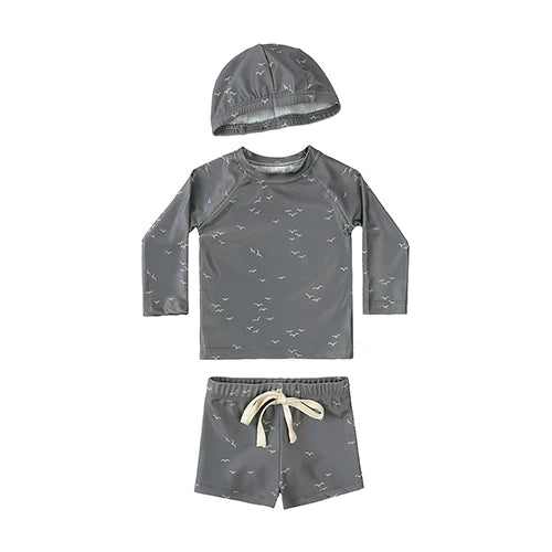 New Summer Kid Boy Swimming Wear 2pcs Blue Seagull Beige Sun Swimsuits+Trunks Hot Spring Sunscreen Holiday Swim Children Clothes