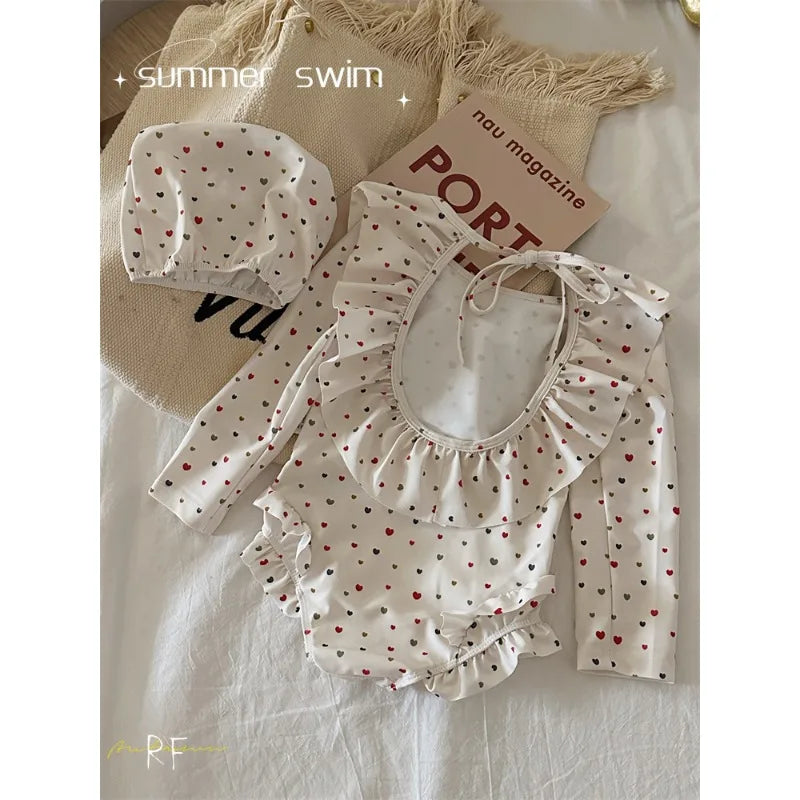 New Summer Girls Korean Style Long Sleeve Fashion Swimsuit Beige Polka Dot Ruffle Collar Backless Bathing Suit  for Beach B4321