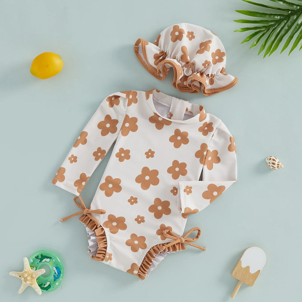 Toddler Kids Baby Girls Summer Rash Guard Swimsuits Long Sleeve Flower/Bow Print Ruffles Swimwear with Hats Bathing Suits