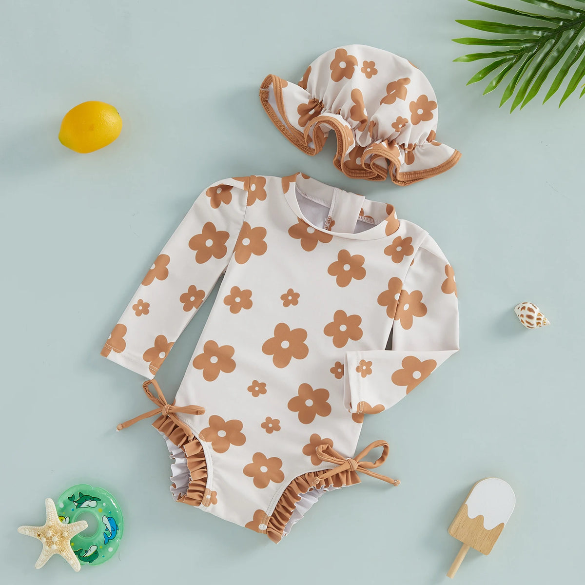 Toddler Kids Baby Girls Summer Rash Guard Swimsuits Long Sleeve Flower/Bow Print Ruffles Swimwear with Hats Bathing Suits