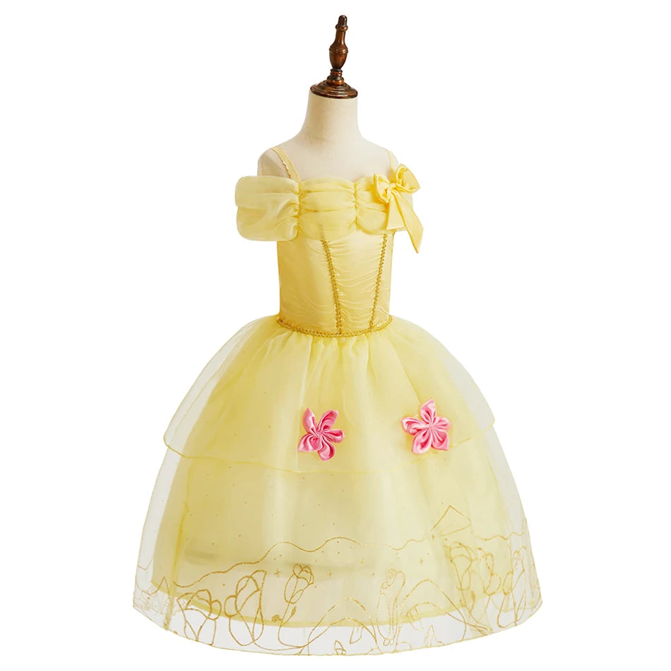 Skin-Friendly Soft Tulle Dress with Gold Embroidery Pink Flowers Girls' Princess Costume for Special Occasions
