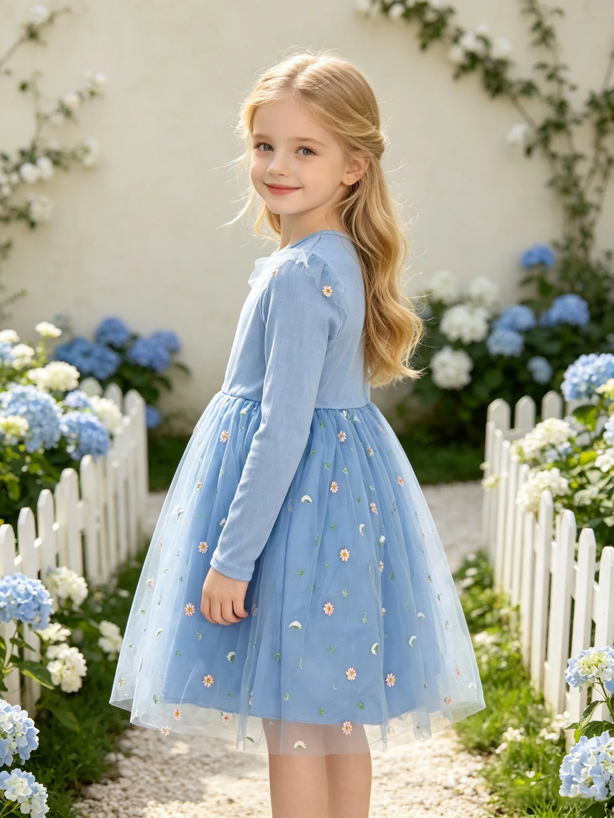 Fresh Floral‑Embroidered Tulle Dress for Kids, Knit Long‑Sleeve Girl’s Sweet Party Gown with Ruffle Flutter Sleeves for Outdoori