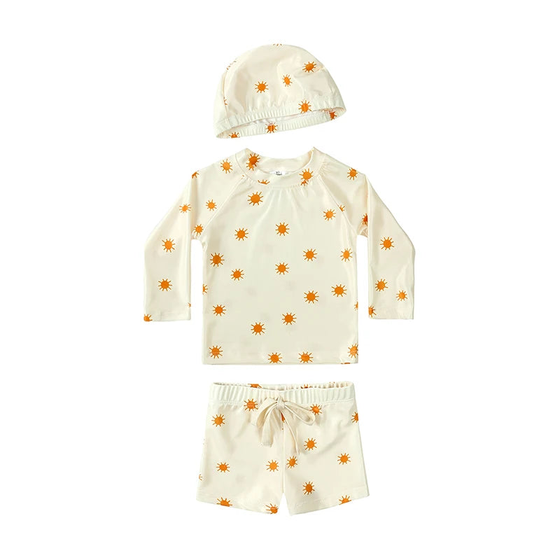 New Summer Kid Boy Swimming Wear 2pcs Blue Seagull Beige Sun Swimsuits+Trunks Hot Spring Sunscreen Holiday Swim Children Clothes