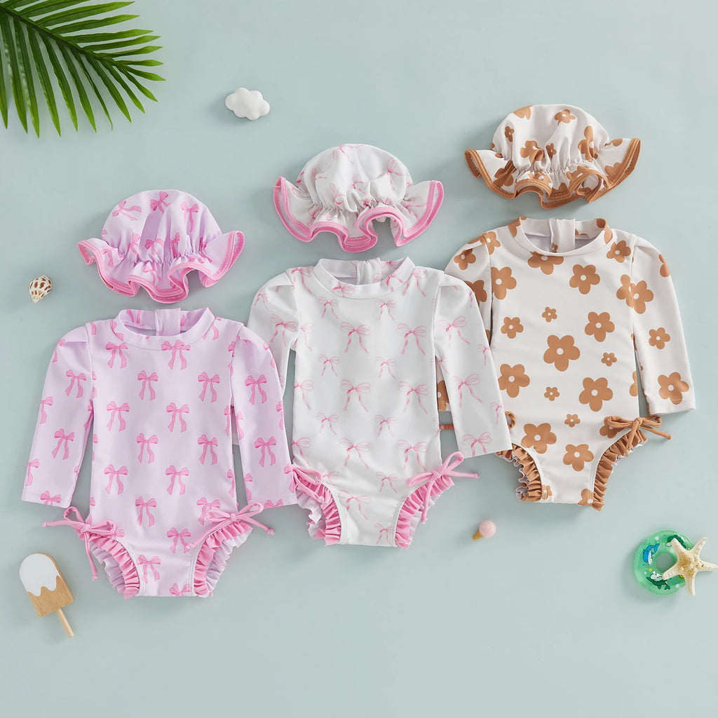 Toddler Kids Baby Girls Summer Rash Guard Swimsuits Long Sleeve Flower/Bow Print Ruffles Swimwear with Hats Bathing Suits