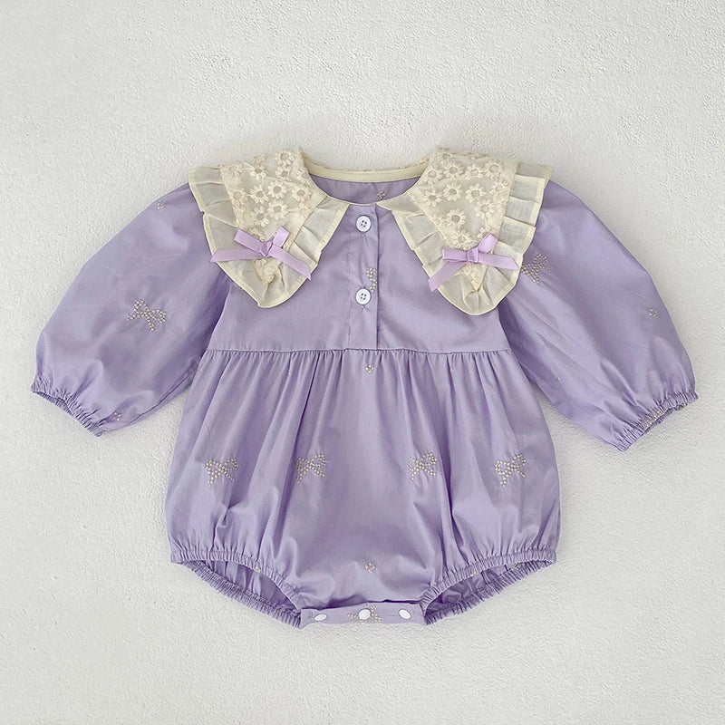 Newborn Baby Girl Romper Lace Bow Ribbon Ruffle Jumpsuit Cotton Infant Toddler Floral Onesie Spring Embroidery Baby Clothes