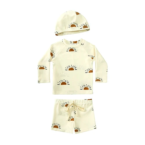 New Summer Kid Boy Swimming Wear 2pcs Blue Seagull Beige Sun Swimsuits+Trunks Hot Spring Sunscreen Holiday Swim Children Clothes