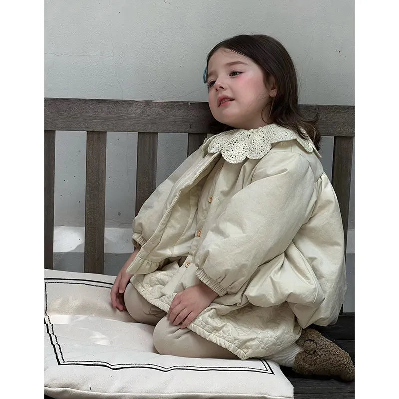 Girls Light Padded Coat 2026 New Fall Winter Korean Style Baby Quilted Beige Jacket Solid Color Elegant Autumn Style