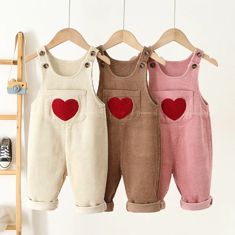 Kids Baby Autumn Clothes Spring  Heart Embroidery Baby Boys Girls Bib Pants Solid Overalls Corduroy Casual Suspender Outwear
