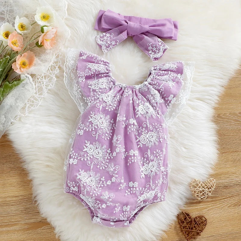 Baby Girl Summer Vintage Lace Embroidered Romper Mint Green Tulle Sleeve Harvey + Matching Large Bow Hairband Set